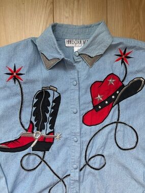 Cowgirl Rodeo Western Appliquéd Embroidered Chambray Denim Button Down Vtg Sz L